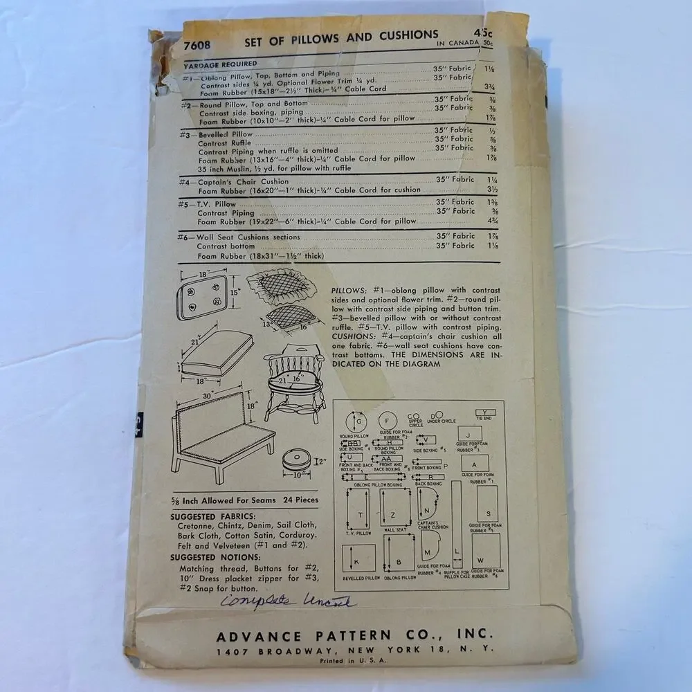 Advance Vintage 1956 Decorator Pattern #6708 Pillows‎ and Cushions HTF RARE